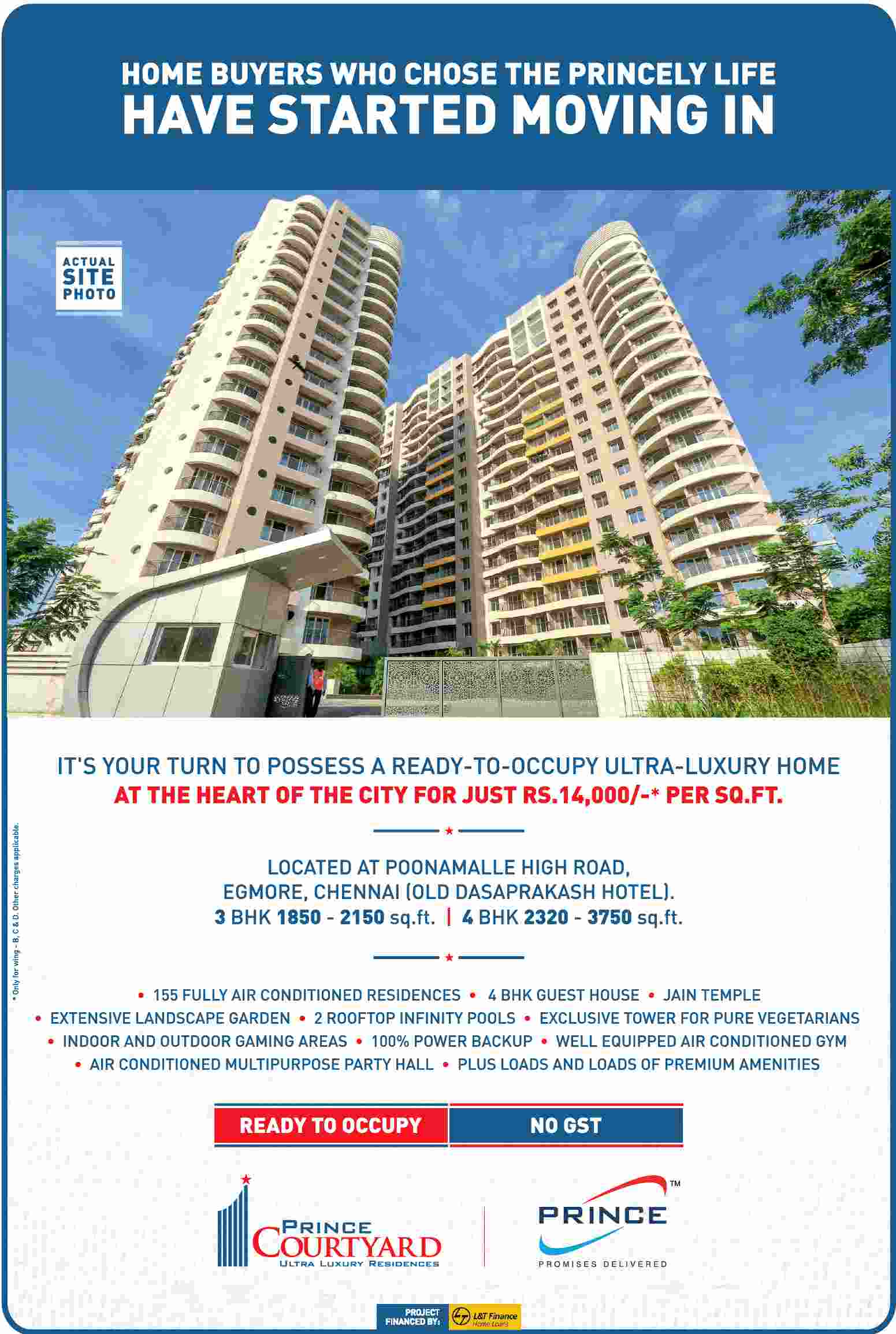 Book ready to occupy home for just Rs. 14,000 per sq.ft. at Prince Courtyard in Chennai Update